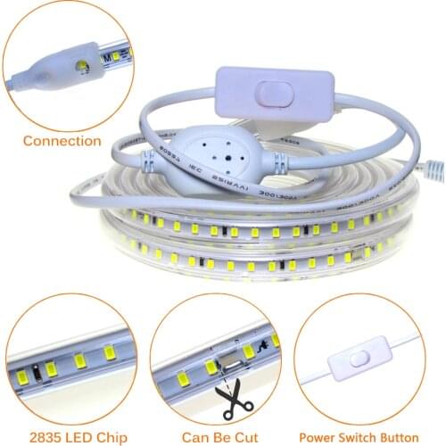 LED Strip 220V 2835 High Brightness 120LEDs/m Tape Diode Waterproof 220V LED Light Strip 220 V Volt For Outdoor Room With Switch