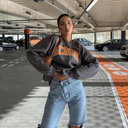 Letter Printing Sweatshirt Women Gray Long Sleeve Sweatshirts Vintage Casual Girls Hoodies Streetwear Loose Teens Autumn 2020