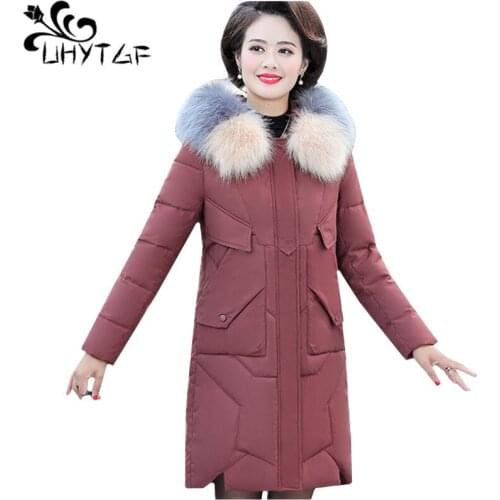 UHYTGF Loose 4XL Plus Size Cotton Coat Women Fur Collar Hooded Down Jacket Autumn Winter Outerwear Casual Warm Parker Female1083
