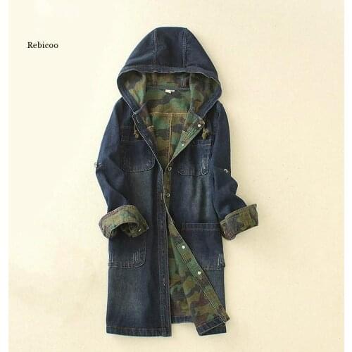 Winter Korean Camouflage Jacket Long Blue Denim Hooded Camo Jacket Slim Long Sleeve Female Coat Cotton Streetwear Windbreaker