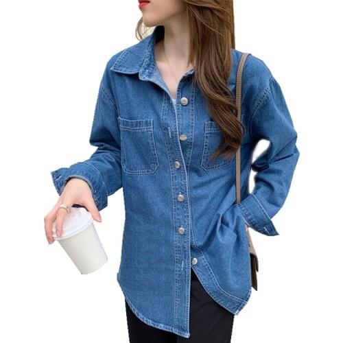 Women New Spring Autumn turn-down collar pocket long-sleeve long style Single Breasted blouse loose Denim shirt casual tops