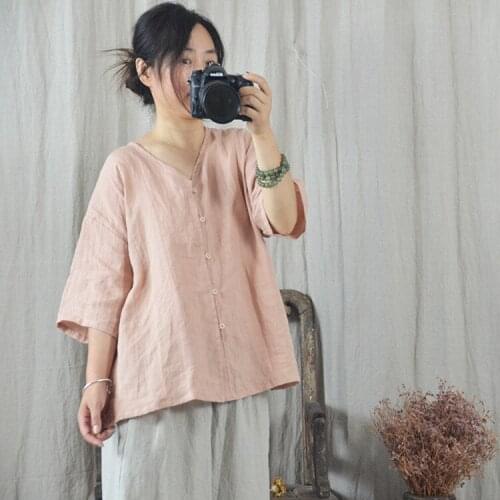 Women Ramie 2020 Summer Shirt Ladies V Neck Threes Quarter Sleeve Ramie Shirts Tops Female Retro Loose Blouse