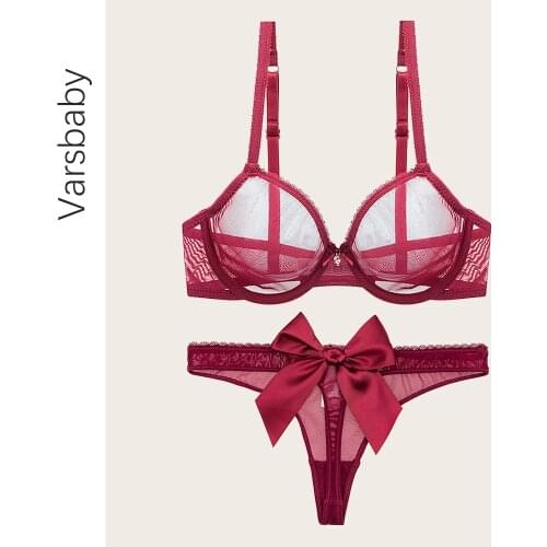 Womens burgundy transparent lace ultra thin elastic mesh bra sexy erotic satin big bow thong 2pieces/set