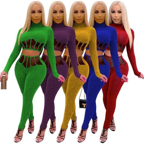 Echoine Women Sexy Shining Mesh Sheer Two Piece Set Hollow Out Long Sleeve Crop Top Skinny Pencil Pants Party Club Outfits