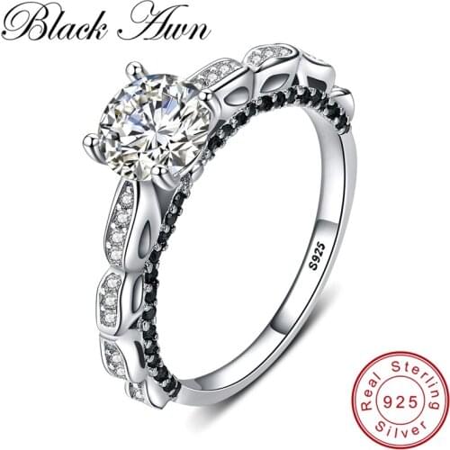 [BLACK AWN] 925 Sterling Silver Jewelry Finger Ring Trendy Black Spinel Wedding Rings for Women Female Bague G096