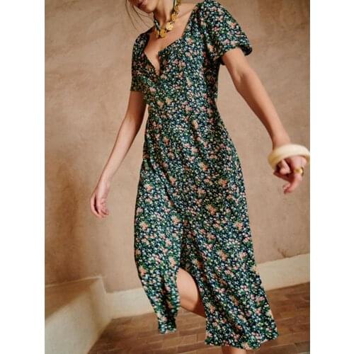 Womens Floral Printed Midi Dress Split Square Collar Short-sleeve Single Breasted Retro Ladies Robe Spring Summer