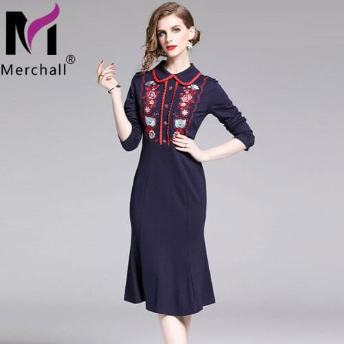 2021 Autumn Spring Embroidery Mermaid Dress Turn Down Collar Long Sleeve Vintage Dress Office Lady Woman Clothing Vestido M68518