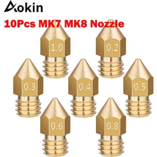 10pcs 3d Printers Parts Mk7 Mk8 Nozzle 0.2 0.3 0.4 0.5 0.6 0.8 1.0mm Copper Extruder Threaded 1.75mm 3.0mm Filament Head Brass