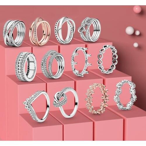 2021 Fashion 925 Sterling Silver Princess Tiara Crown Sparkling Love Heart Rings for Women Brand Jewelry Anniversary Gift