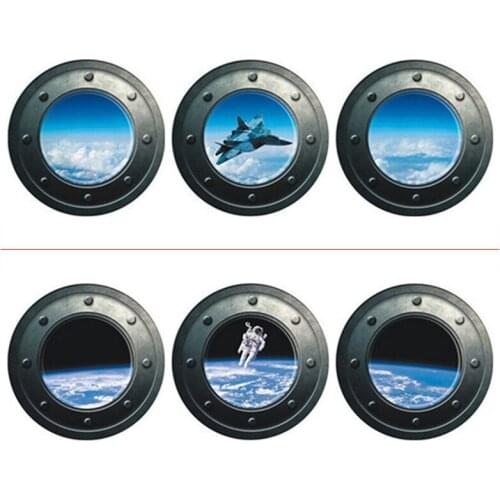 Spacecraft fake window triptych stickers Fighter Astronaut 3d vinyl wall decals home decoration sky landscape wallpaper 33*33cm