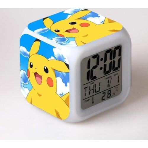 Pikachu Pokemon Battle Royale Figure Luminous LED Colorful Flash Alarm CLock Desk Light With Temperature Action Toy For Children