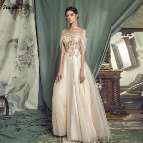 Funyue Champagne Tulle Prom Dresses Long A-Line Evening Gowns 2021 New Appliques Lace Vestido De Fiesta Formal Party Dress