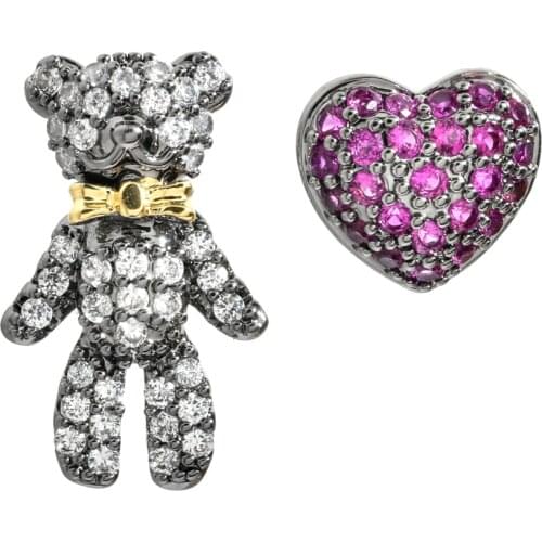 Korean fashionable asymmetric Zircon Earrings charming bear and red heart for women/girls wedding party jewelry gifts ER-362