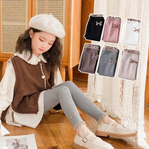 Spring and autumn combed cotton thin vertical strips double layer wood ears small lace bow leggings girls simple slim pants