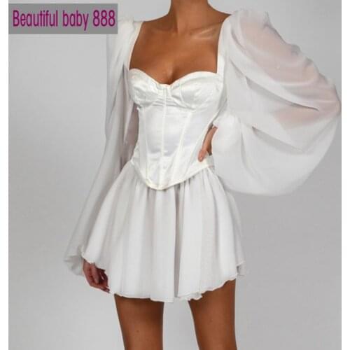 Meqeiss Lace Up Sexy Mini Dress Office Lady Party Dress Women White Turtle Neck Lantern Sleeve Casual Dress T Shirt White Dress