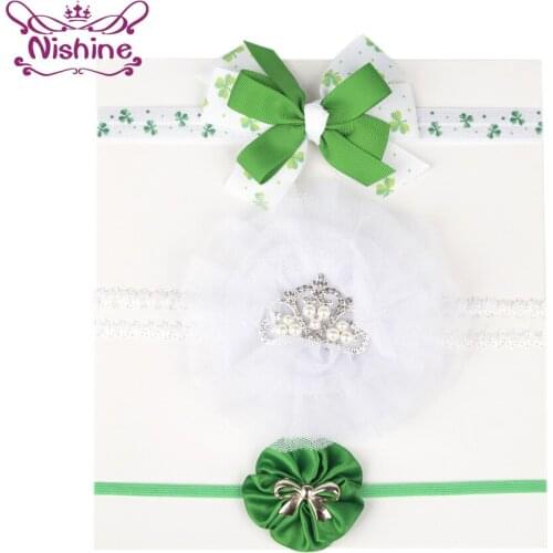 Nishine 3/5pcs/lot Fashion Clover Print Grosgrain Ribbon Bowknot Infant Headband Shining Rhinestone Flowers Hairband Photo Props