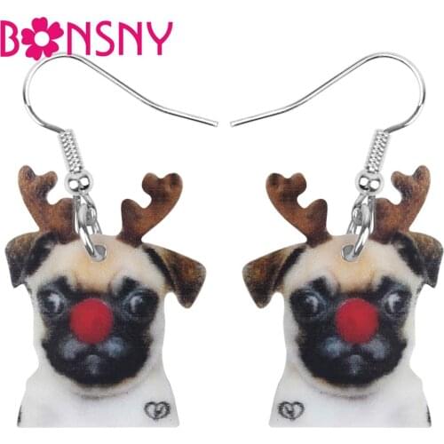 Bonsny Acrylic Christmas Antlers Pug Dog Animal Earrings Drop Dangle Decoration Jewelry For Women Girl Teen Party Gift Accessory