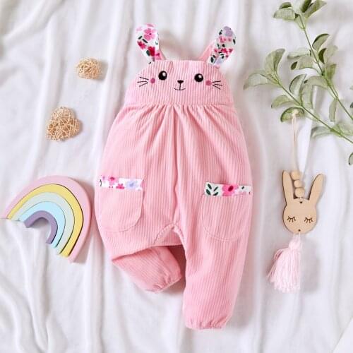 PatPat Baby Girl Pink Corduroy Rabbit Floral Print Suspender Jumpsuits