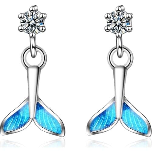 925 Solid Real Sterling Silver Blue Mermaid Tail Drop Earrings For Girl Daughter Fine Jewelry eh1072