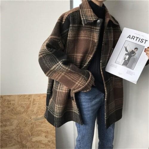 Wool Women Simple Plaid Student All-match Pockets Elegant Womens Outwear Winter Warm High Quality Harajuku Females Coat Fashion