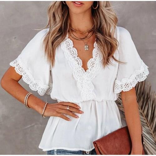 V-neck Lace Hem Tunic Solid Women Blouse Tops Short Sleeve Lace Up Hollow Out Ruffles Loose Female Blouses
