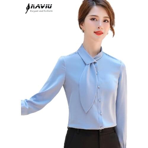 Gray Tie Shirt Women Professional Satin New Fashion Long Sleeve Formal Chiffon Temperament Ribbon Blouses Office Ladies Work Top