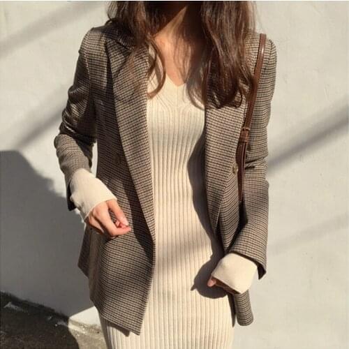 Vintage Double Breasted Office Ladies Plaid Blazer Long Sleeve Loose Houndstooth Blazer Jacket Women Elegant Female 2019