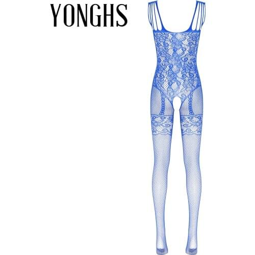 Womens Lingerie Floral Pattern See-through Fishnet Bodystocking Crotchless Hollow Out Bodysuit Nightwear Erotic Tight Stockings