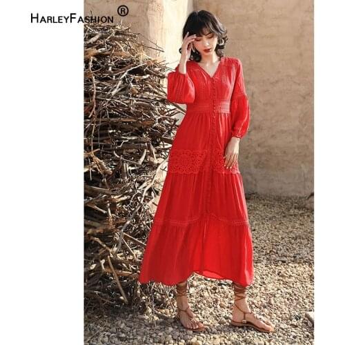 HARLEYFASHION Women Retro Casual Embroidery Hollow Out V-Neck Lantern Sleeve Reduction Age Goddess Bohemian Ankle-Length Dress