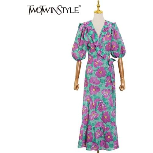 TWOTWINSTYLE Print Floral Temperament Dress For Women V Neck Short Sleeve High Waist Vintage Dresses Female Fashion New Style