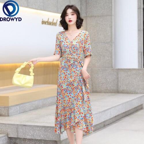 Plus Size Dress 2021 Summer Party Women V-Neck Allover Exquisite Short Sleeve Midi Dot Pink Yellow Sexy Beach Dresses Vestidos