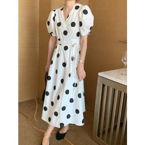 Women Vintage Dot Print Maxi Boho Short Sleeve Casual V-Neck Lace up Dresses lady puff sleeve Robe Dropshipping