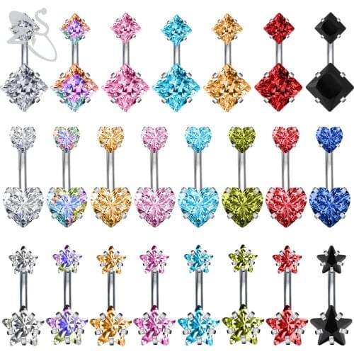 ZS 1 PC Sexy Stainless Steel Belly Ring 14G Colorful Double Zircon Gem Belly Pierings Heart Star Shape Navel Piercings Jewelry