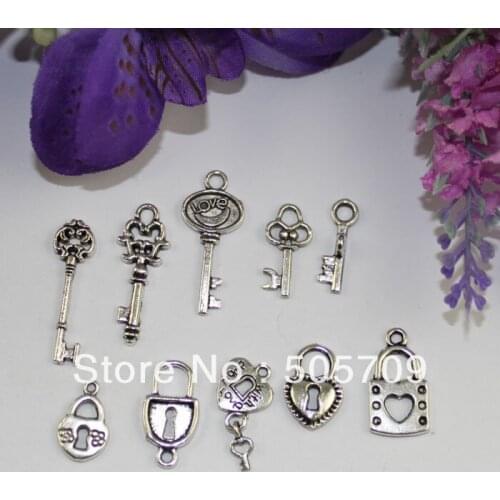 100PCS Mixed Lots of tibetan silver Lock and Key Charms #22468