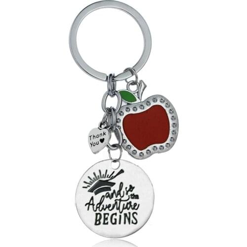 36PC Engraved And So The Adventure Begins Keychains Red Apple Thank You Charm Pendant Teachers Friends Graduation Gifts Jewelry