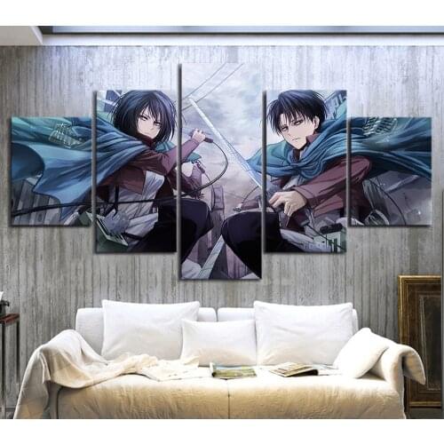 5pcs Anime Attack on Titan Levi Ackerman and Mikasa Modular Wall Art Posters Canvas HD Printed Pictures Oil Paintings Home Decor