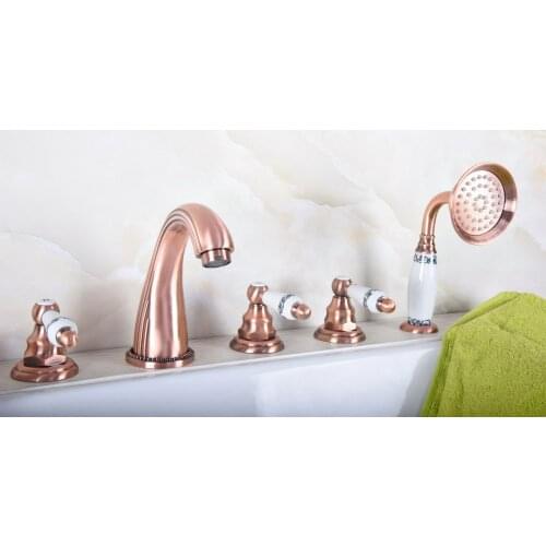 Antique Red Copper Brass Widespread Three Handles Deck Mounted 5 Holes Bathroom Tub Faucet Mixer Tap With Handshower mtf187
