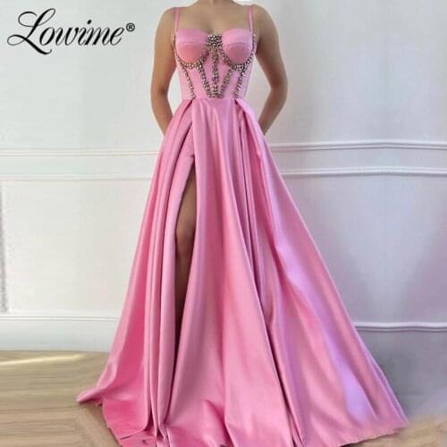 Pink High Split Side Party Dresses Long Evening Dress A-Line 2020 Robe De Soiree Custom Made Crystals Dubai Kaftans Prom Dress