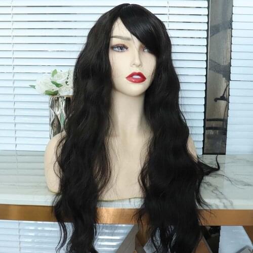 Long Water Wavy 22 Inches Natural Black Synthetic Full Machine Made Wig with Bangs Heat Resistant Fiber Daily Use For Women