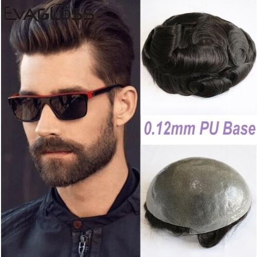 EVAGLOSS Skin PU Base Men Toupee 0.12mm Knot PU Remy Human Hair Replacement System Natural Hairline Handmade Men Wig Hairpiece