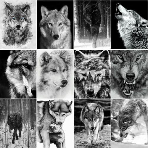 HUACAN 5D Diamond Painting Wolf Full Square Round Needlework Art Diamond Embroidery Black And White Animal Mosaic Handmade Gift