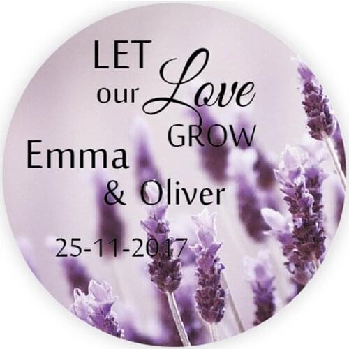 DouxArt 100 Pieces Custom Personalized, Wedding Stickers - Let our love grow, 40mm Lavender Wedding Party Communion Label P061
