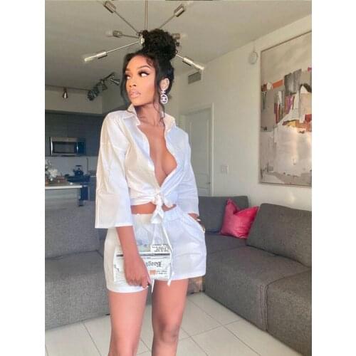 Two Piece Set Women Clothing Summer Sexy Fashion Solid Button Two-pocket Shorts Shirt 2 Piece Sets Club Outfits Wholesale Items