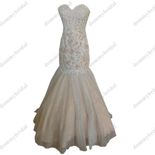 2022 Ivory Lace Applique Champagne Satin Sweetheart Mermaid Prom Formal Evening dresses Plus size Beaded Sequin Tulle Long Cheap