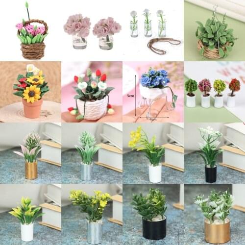 1:12 Doll House Bonsai Model Kids Play Toy Miniature Flowers Fairy Garden Ornament Mini Potted Plant Flowers Pot DollHouse Decor