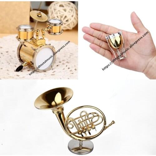 Dh Miniature Drum and French Horn and Timpani Model Replica with Stand and Case Mini Musical Instrument Ornaments