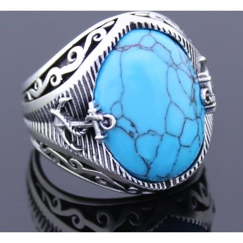 Solid 925 Sterling Silver Sailors Anchor Oval Turquoise Stone Mens Ring