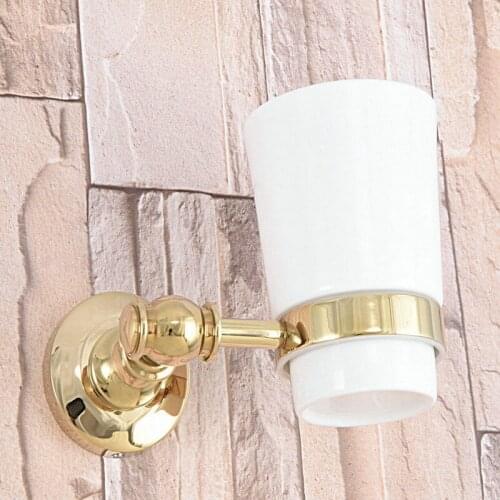 Gold Color Brass Single Toothbrush Holder With Ceramic Cup Wall Mounted Bathroom Accessories aba310