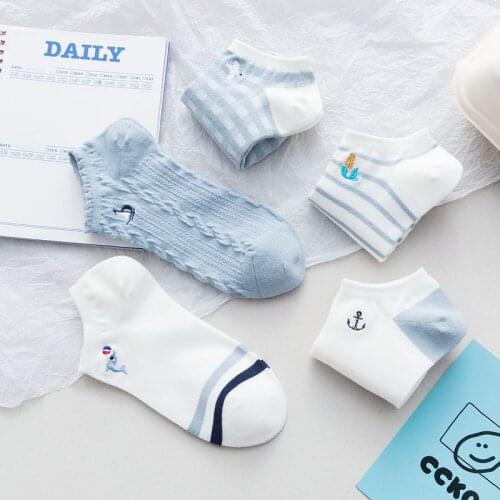 10Pieces=5Pairs/Pack Socks Striped Plaid Bird Dolphin Sailboat Anchor Embroidery Fashion Cute Wpmen Cotton Ankle Boat Socks Set