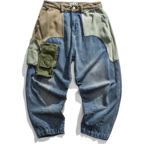 New Harajuku Jeans Mens Straight Pants Vintage Patchworked Wide Leg Pants Loose Trousers Streetwear